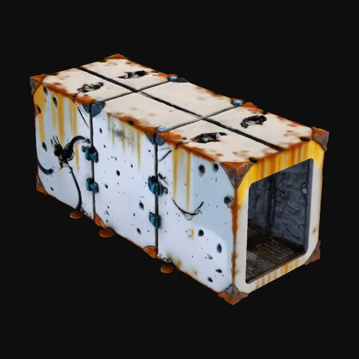 3D model for Standalone damaged sci-fi curb segment. Rectangular slab with elevated curb edge, chipped corners, cracked plating, missing fragments, exposed inner metal structure. Futuristic but degraded. Designed to connect to walkways. No wall, no ground, just the single module. Includes small trench-like recesses indicating drainage systems.