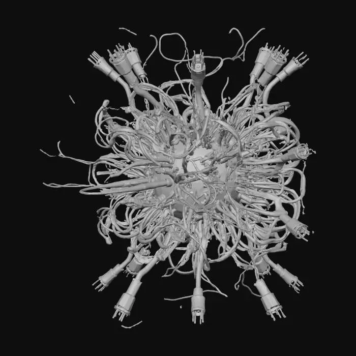 3D model for Standalone tangled sci-fi cable cluster. Thick and thin conduits intertwined, several snapped ends, exposed internal fibers, bent connectors, protective casings peeling away. Organic messy silhouette, compact single object. No environment or floor. Looks like it was torn out of old infrastructure.