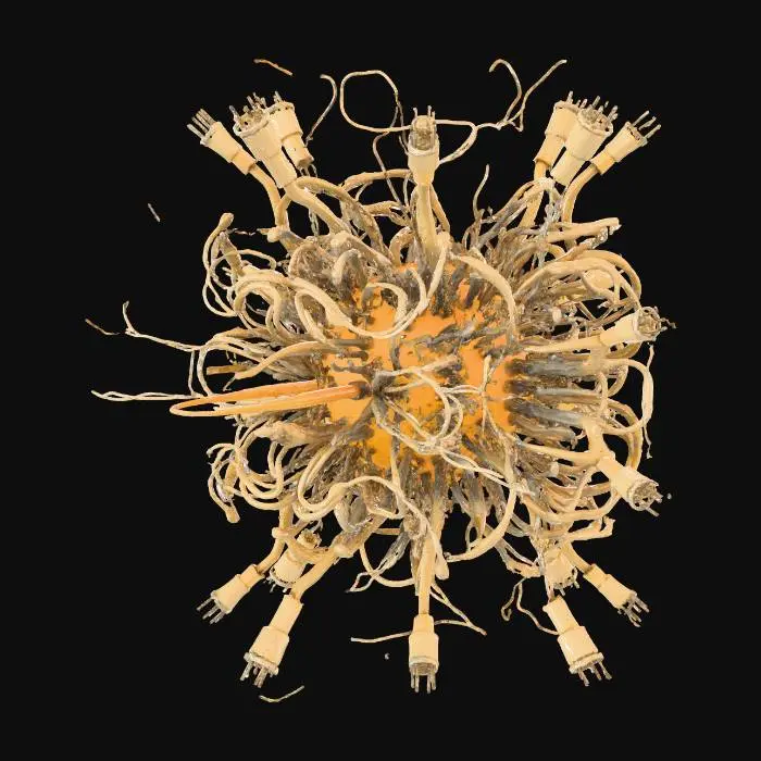 3D model for Standalone tangled sci-fi cable cluster. Thick and thin conduits intertwined, several snapped ends, exposed internal fibers, bent connectors, protective casings peeling away. Organic messy silhouette, compact single object. No environment or floor. Looks like it was torn out of old infrastructure.