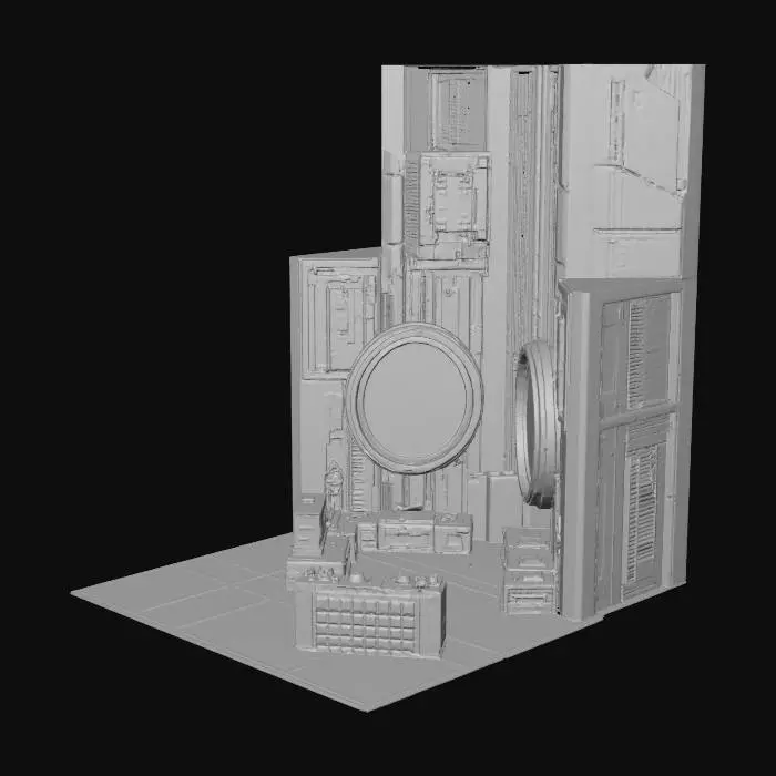 3D model for Generate a stylized sci-fi 3×3 Genetic Upgrade Chamber for a 2.5D roguelike city. Futuristic lab with bio-chambers, glowing containment tubes, reinforced metallic walls, visible conduits, and control consoles. Sharp readable top-down silhouette, modular for grid placement. Mid-poly 3k–12k tris, clean manifold geometry, pivot at bottom center. PBR materials: metal, glass, concrete, carbon panels. Subtle neon lines (blue/purple/teal) along tubes and consoles. No floating geometry, normals outward. GLB output, optimized meshes, UVs ready. Include small decals, lab symbols, and upgrade indicators.