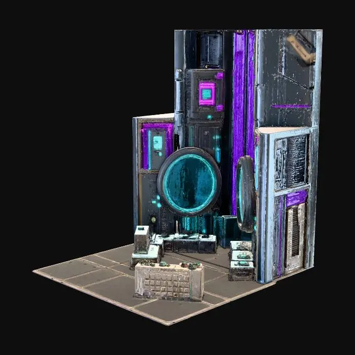 3D model for Generate a stylized sci-fi 3×3 Genetic Upgrade Chamber for a 2.5D roguelike city. Futuristic lab with bio-chambers, glowing containment tubes, reinforced metallic walls, visible conduits, and control consoles. Sharp readable top-down silhouette, modular for grid placement. Mid-poly 3k–12k tris, clean manifold geometry, pivot at bottom center. PBR materials: metal, glass, concrete, carbon panels. Subtle neon lines (blue/purple/teal) along tubes and consoles. No floating geometry, normals outward. GLB output, optimized meshes, UVs ready. Include small decals, lab symbols, and upgrade indicators.