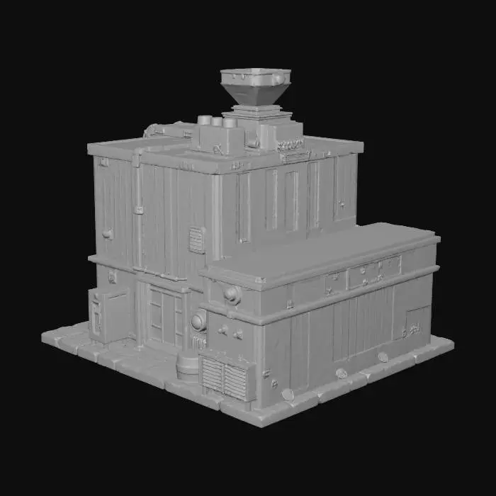3D model for Create a simple, clean 3D sci-fi building for a top-down roguelike game. The building is a compact industrial machine called “Scrap Processor”. Shape: boxy, 2×2 meter footprint, about 2.5 meter tall. Front: small conveyor belt with blue glowing strips. Right side: a rotating crusher wheel or piston. Left side: a small furnace chamber with warm orange glow. Top: flat metal panel with vents. Materials: dark gray metal body, light gray panels, blue emissive accents, orange furnace glow. Style: clean, minimal, industrial sci-fi. No pipes, no wires, no characters. Simple shapes, readable silhouette.