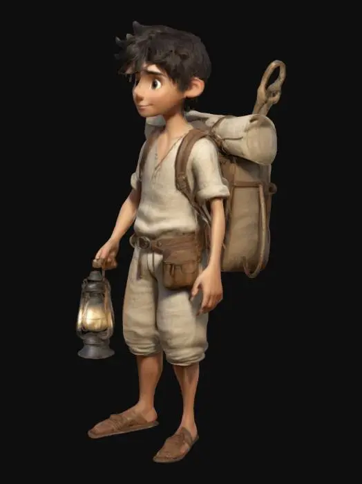 3D model for A young human adventurer wearing simple linen clothes.  He has dark hair and eyes. He is wearing a backpack on his back that holds all of the tools he needs for his adventure, a bedroll, lantern, rope and waterskin., Stylized, Fabric, Leather, Full Body
