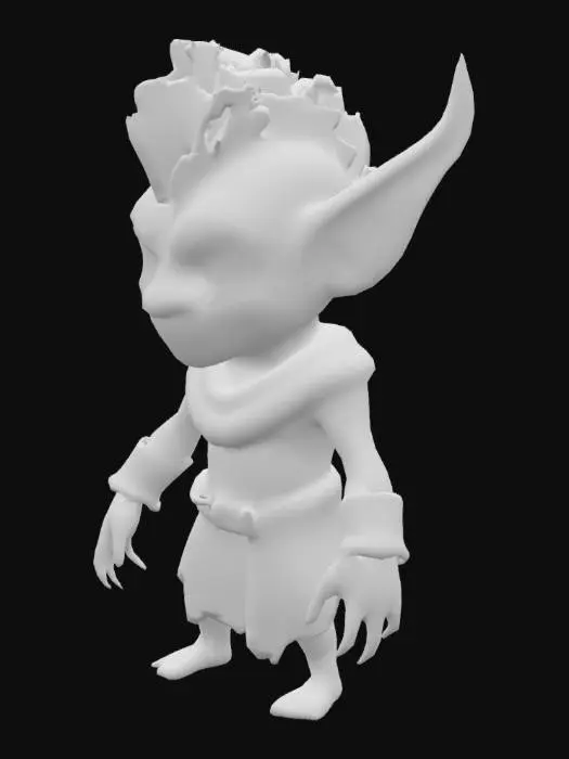 3D model for a fantastical creature that resembles a humanoid figure with a pale, blueish skin tone. It has long, pointed ears and a mane of hair that stands upright along its neck and shoulders. The creature's eyes are red and glowing, and it has a wide, toothy grin. It is wearing a brown, tattered outfit.