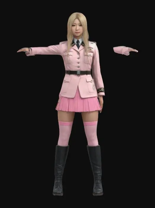 3D model for Photorealistic, adult gorgeous 
japanese woman with a highly detailed, realistic face and full body. She has long blond hair and is wearing a detailed German WWII pink pastel color uniform, featuring a tailored pink pastel color jacket with insignia,Wearing thigh-high stockings under uniform, a pink pastel color skirt, and polished black boots, T-pose,ARMS AWAY FROM THE BODY, #women#