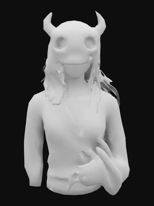 3D model for Nelliel Tu: tall, green hair, skull helmet. White tattered robe, chest scar. Zanpakuto at side. Calm, wise expression. Detailed textures for helmet and robe, #women#