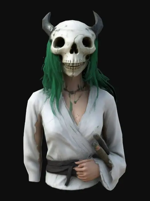 3D model for Nelliel Tu: tall, green hair, skull helmet. White tattered robe, chest scar. Zanpakuto at side. Calm, wise expression. Detailed textures for helmet and robe, #women#