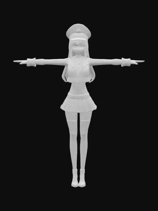 3D model for Stylized anime Makima as a WWII femme fatale. Long orange hair flows under a black officer’s cap, red eyes glint with wisdom. Wears a revealing German WWII black uniform: cropped jacket, short skirt, thigh-high stockings, and heeled boots. T-pose, full body, arms away from body. No weapon. High-res PBR textures, vibrant accents, detailed face with subtle smirk. Sexy yet commanding. Optimized for animation,clear details, #women#