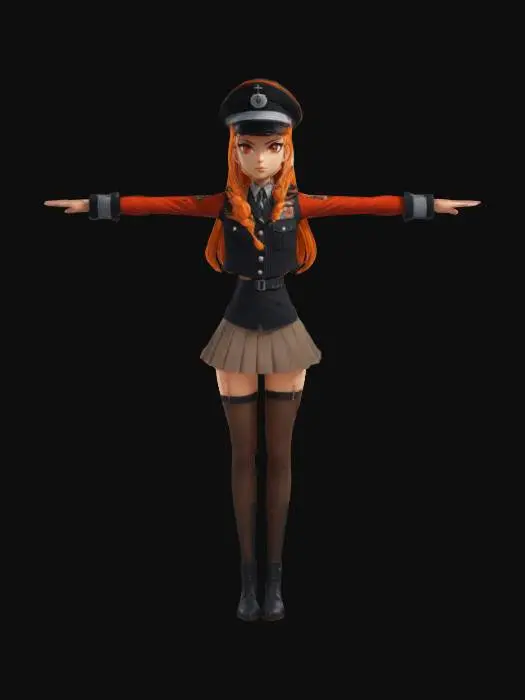 3D model for Stylized anime Makima as a WWII femme fatale. Long orange hair flows under a black officer’s cap, red eyes glint with wisdom. Wears a revealing German WWII black uniform: cropped jacket, short skirt, thigh-high stockings, and heeled boots. T-pose, full body, arms away from body. No weapon. High-res PBR textures, vibrant accents, detailed face with subtle smirk. Sexy yet commanding. Optimized for animation,clear details, #women#