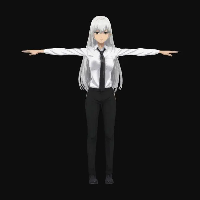3D model for Makima CHARACTER FROM from chainsaw-man anime,waring a white long-sleeved shirt, a black tie, black pants, T-pose, Full Body, arms away from body, Anime-style #women#
