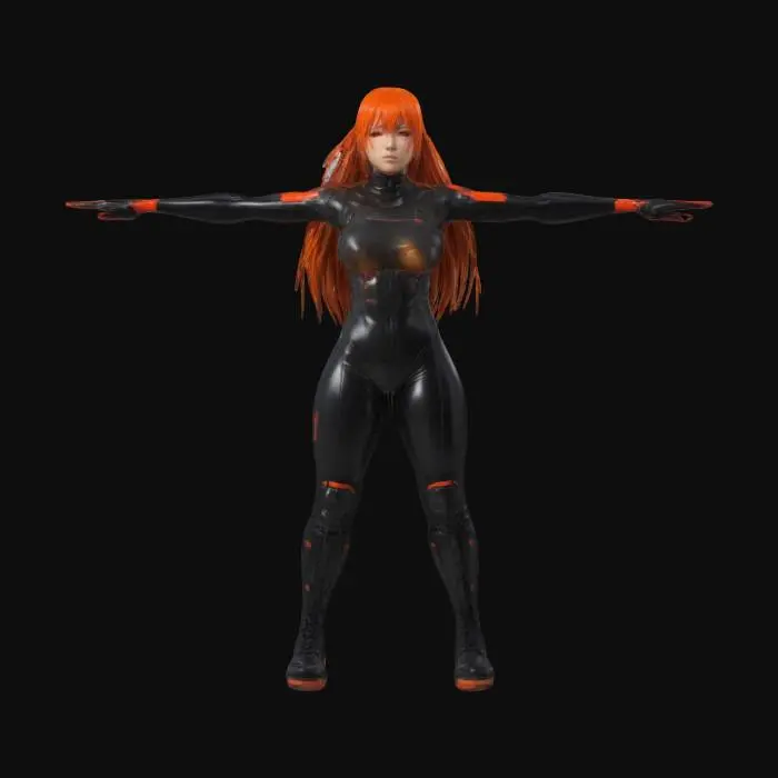 3D model for Ultra-realistic anime-style Makima from Chainsaw Man, a commanding sci-fi enforcer. Long orange hair flows, red eyes pierce with wisdom. She has a muscular yet curvy build, wearing a sleek black sci-fi uniform with red glossy accents, thigh-high boots. T-pose, full body, arms away from body. No weapon. High-res PBR textures for outfit, skin, and hair. Beautiful detailed face, exuding strength and control. Optimized for animation, #women#