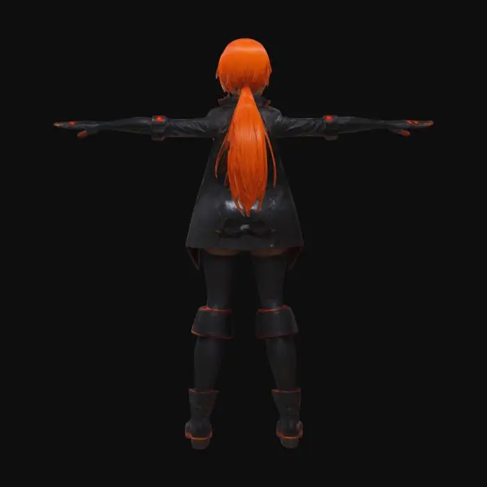 3D model for Ultra-realistic anime-style Makima from Chainsaw Man, a commanding sci-fi enforcer. Long orange hair flows, red eyes pierce with wisdom. She has a muscular yet curvy build, wearing a sleek black sci-fi uniform with red glossy accents, thigh-high boots. T-pose, full body, arms away from body. No weapon. High-res PBR textures for outfit, skin, and hair. Beautiful detailed face, exuding strength and control. Optimized for animation, #women#