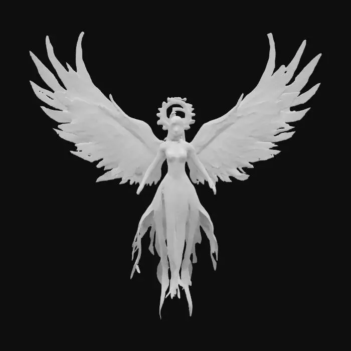 3D model for A Seraphim of Divine Radiance, a celestial being with a large glowing golden eye, six crystalline wings covered in smaller blinking eyes, fiery golden halo, floating mid-air with wings spread. Gold, white, fiery orange, red accents, blue-gold eyes on wings. High-res PBR textures, ethereal light trails, game-ready, celestial fantasy style , #fairy#