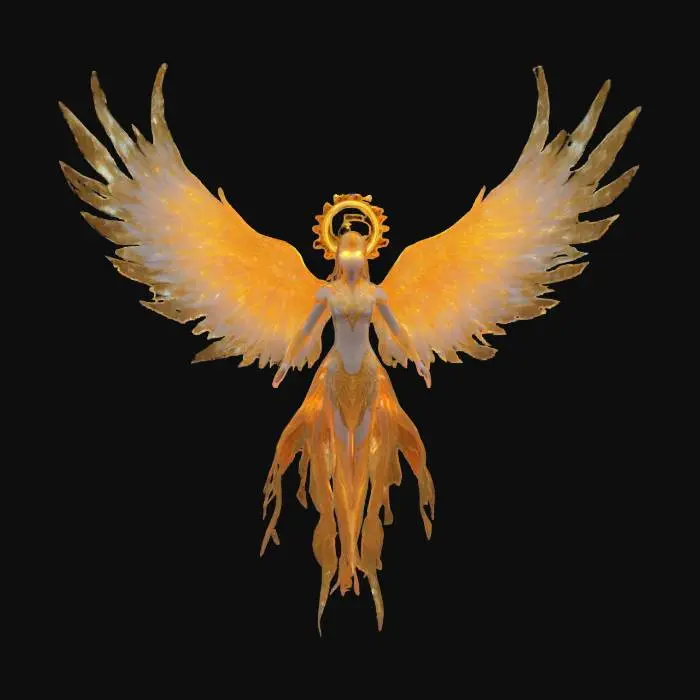 3D model for A Seraphim of Divine Radiance, a celestial being with a large glowing golden eye, six crystalline wings covered in smaller blinking eyes, fiery golden halo, floating mid-air with wings spread. Gold, white, fiery orange, red accents, blue-gold eyes on wings. High-res PBR textures, ethereal light trails, game-ready, celestial fantasy style , #fairy#
