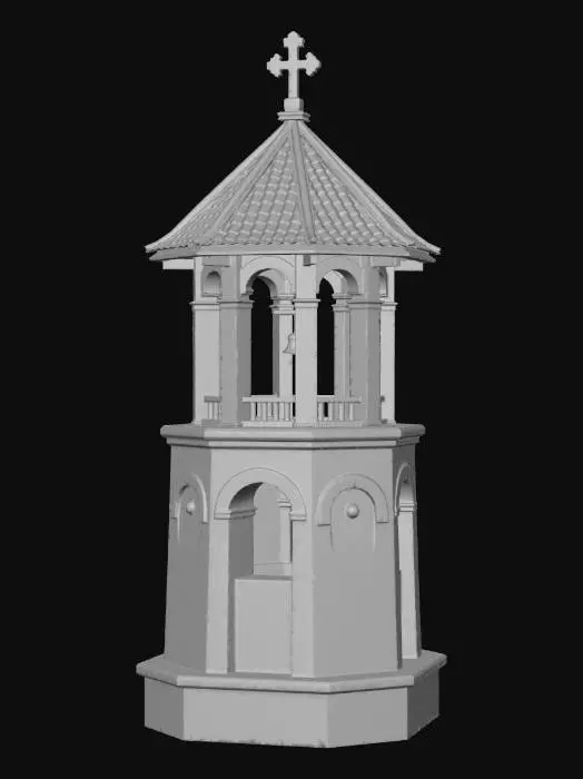 3D model for Medieval Balkan bell tower top part, stone and wood construction, open arches for a bell, old red tiles, white stone walls, cinematic lighting, 8k resolution, low poly style.