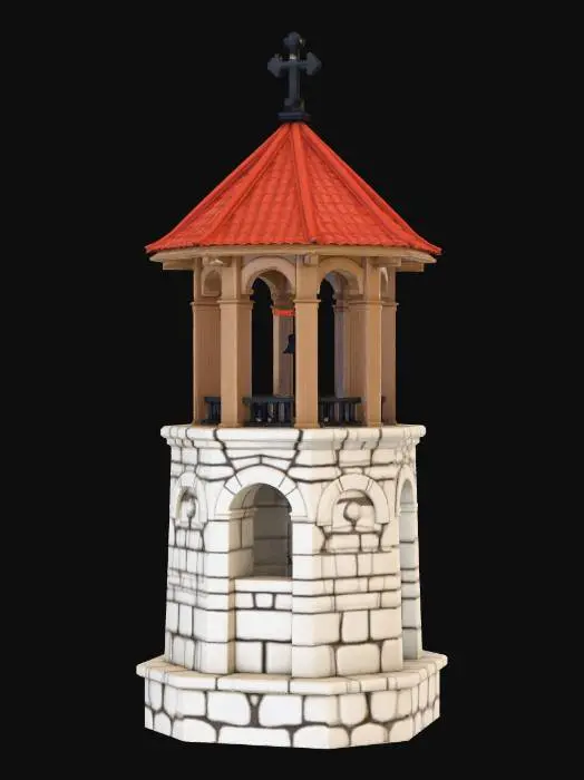 3D model for Medieval Balkan bell tower top part, stone and wood construction, open arches for a bell, old red tiles, white stone walls, cinematic lighting, 8k resolution, low poly style.