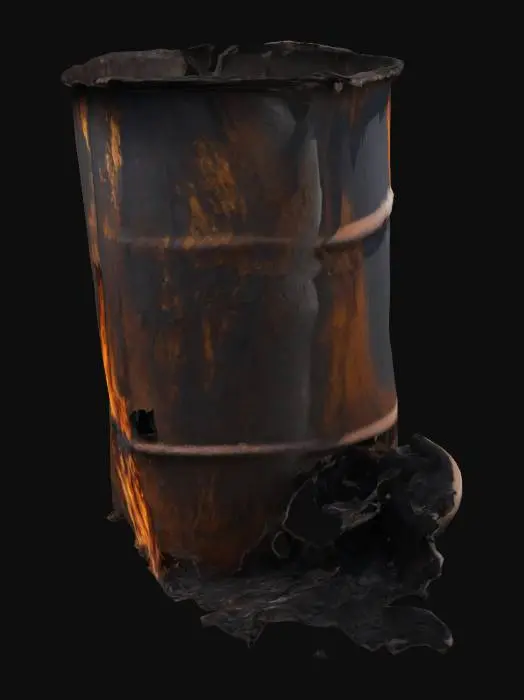 3D model for Rusted, Broken, Metal Barrel, Soot and Blackened from fire.