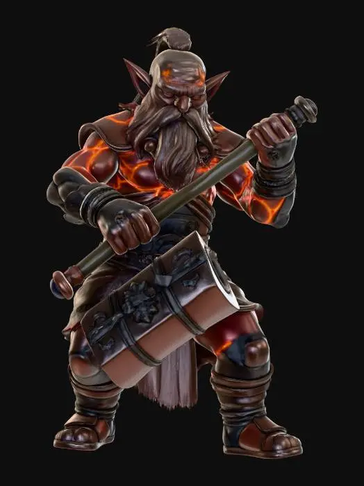 3D model for A Dwarf Blacksmith named ""Lava-Heart."" He is slamming the Rune Hammer into the ground, his body slightly tilted from the immense impact. His skin has the texture of scorched volcanic rock, with incandescent magma visible in the fissures. The hammerhead is made of interlocking pieces of glowing red tungsten steel. Requirement: Powerful pose, frozen motion of impact, focus on the contrast between rock skin and red-hot metal.