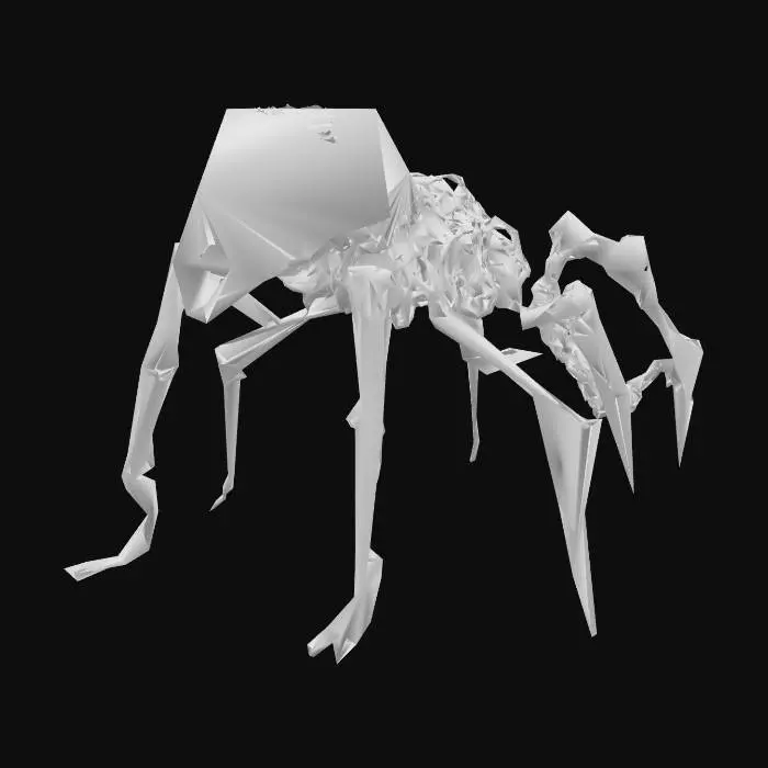 3D model for Terrifying creature with six legs and skinny body, metallic parts in the body, skull as head