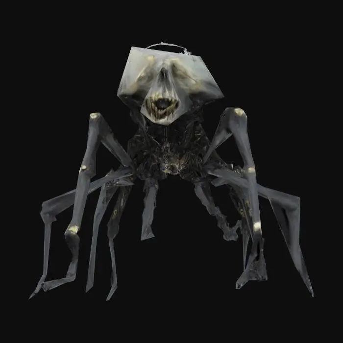 3D model for Terrifying creature with six legs and skinny body, metallic parts in the body, skull as head