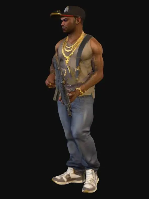 3D model for grand theft auto black gangster character wearing golden necklaces and he has a m4a1 gun in his hand