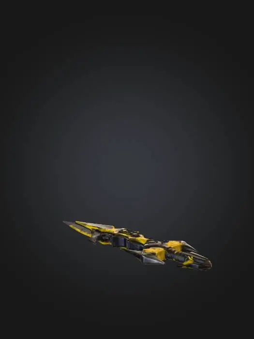 3D model for A jagged, dual-bladed staff with a vibrant, graphic novel look. Each sharp edge boasts thick, dark outlines, enhancing its imposing, angular structure. The weapon’s body is a combination of tarnished industrial steel and scuffed, bright yellow polymer, showing extensive wear like faded paint and deep gouges from impacts. Its tactile quality suggests a weighty, expertly constructed tool, enduring countless skirmishes while remaining fully functional.