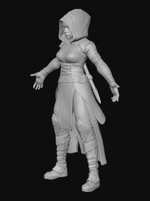 3D model for A grungy cyberpunk shinobi character, poised in a t-pose. Clad in a dark, matte-black patchy bodysuit with armor. Over this, sections of polished, gunmetal-grey armor plating protect vital areas, featuring a faint brushed metallic texture. A segmented, reflective visor, with twin crimson optical sensors, masks the face, while augmented limbs show intricate, articulated joints. A katana hilt, wrapped in synthetic dark fabric, peeks over a shoulder.