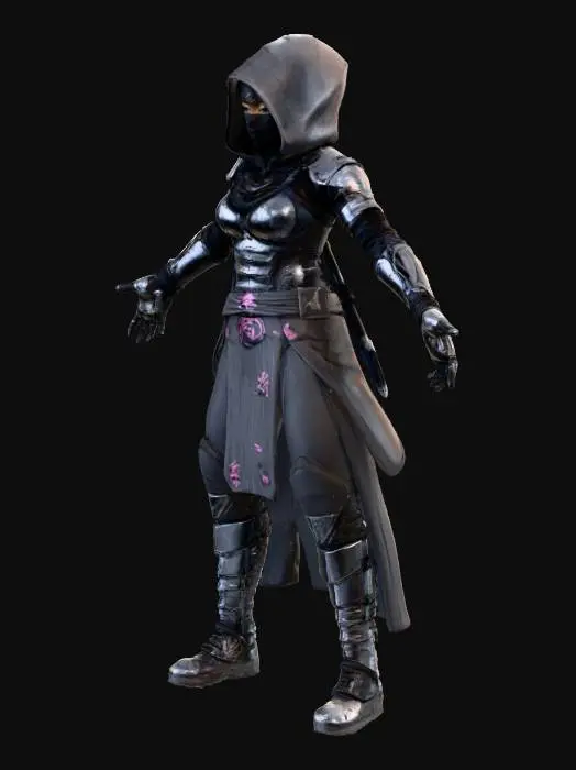 3D model for A grungy cyberpunk shinobi character, poised in a t-pose. Clad in a dark, matte-black patchy bodysuit with armor. Over this, sections of polished, gunmetal-grey armor plating protect vital areas, featuring a faint brushed metallic texture. A segmented, reflective visor, with twin crimson optical sensors, masks the face, while augmented limbs show intricate, articulated joints. A katana hilt, wrapped in synthetic dark fabric, peeks over a shoulder.
