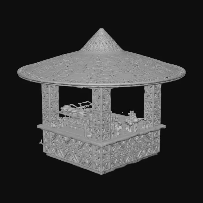 3D model for Tropical Food Stall Inspired by Buntal hat weaving in warm brown color with pattern design of singkaban