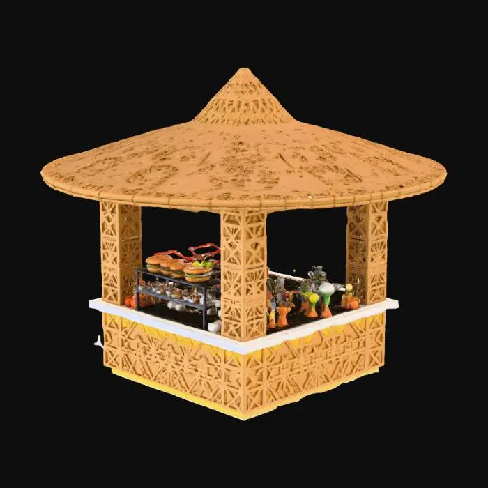 3D model for Tropical Food Stall Inspired by Buntal hat weaving in warm brown color with pattern design of singkaban