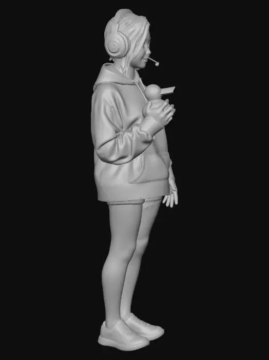 3D model for Cute gamer girl, early 20s, confident expression, soft hoodie, headset on, subtle makeup, expressive eyes, holding a small yellow rubber duck, cozy LED-lit gaming room, pastel + neon accents, relaxed but focused posture, modern anime–realistic style, high detail, warm lighting