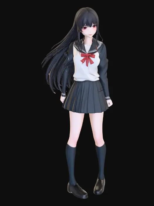 3D model for The model should look like Ayano from Yandere Simulator but more detailed and with a mature face. Anime girl, thin eyes, sharp expression on her face.
