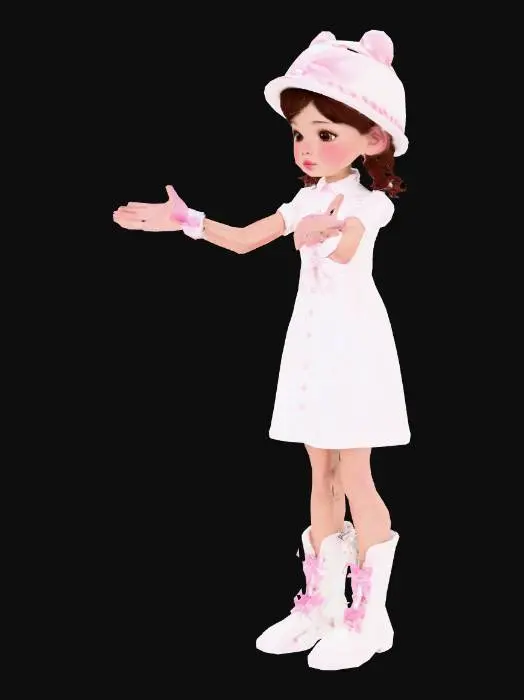 3D model for 
Uma garota com um vestido branco até o joelho, uma bota branca e um chapéu branco, com detalhes em rosa. Um laço rosa no chapéu, detalhes rosas na bota e algumas flores rosas (cor rosa não rosa vermelha) no vestido. cabelo castanho escuro, olhos castanhos, expressão inocente e fofa, nariz pequeno e arredondado, queixo suavemente pontudo. estilo de arte mais fofa e cartoonesca, altamente detalhado.