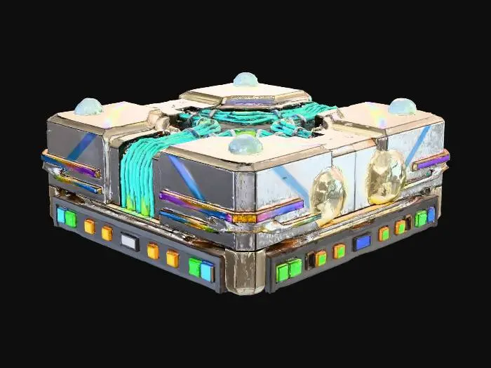 3D model for A precision-engineered, futuristic CPU optical fiber interconnect, its robust chassis formed from polished gold, platinum alloys, and rare earth metals, with nanoscale-integrated diamonds. An array of scientifically optimized optical sensors and faceted lens elements creates a high-speed, glowing circuit pattern for efficient data transfer. Rendered with sharp cell-drawn outlines, clean non-PBR Phong primary colors, functional pulsing emissive spheres, dynamic green/amber/blue status LEDs, and a subtle thermal gradient overlay.
