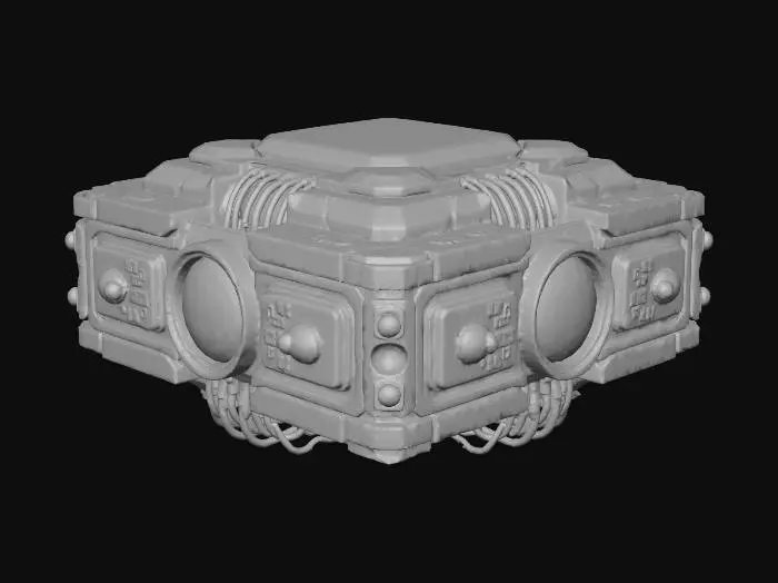 3D model for A precision-engineered, futuristic CPU optical fiber interconnect, its robust chassis formed from polished gold, platinum alloys, and rare earth metals, with nanoscale-integrated diamonds. An array of scientifically optimized optical sensors and faceted lens elements creates a high-speed, glowing circuit pattern for efficient data transfer. Rendered with sharp cell-drawn outlines, clean non-PBR Phong primary colors, functional pulsing emissive spheres, dynamic green/amber/blue status LEDs, and a subtle thermal gradient overlay.