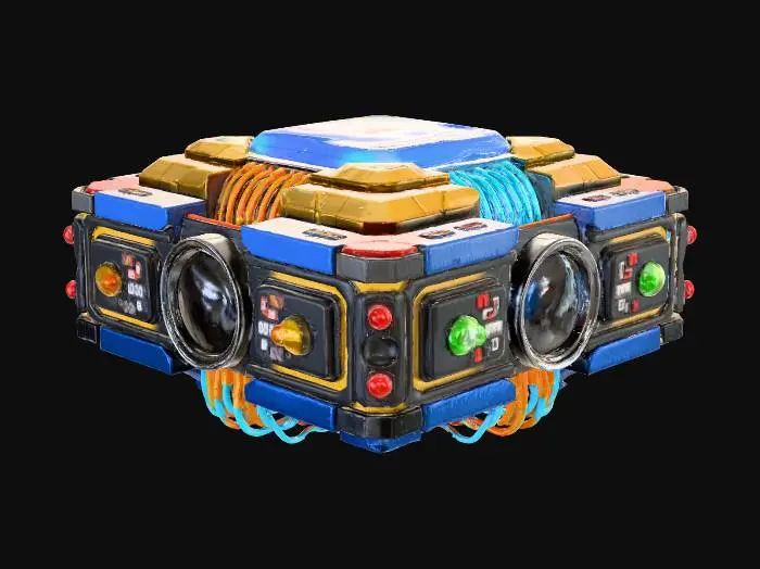 3D model for A precision-engineered, futuristic CPU optical fiber interconnect, its robust chassis formed from polished gold, platinum alloys, and rare earth metals, with nanoscale-integrated diamonds. An array of scientifically optimized optical sensors and faceted lens elements creates a high-speed, glowing circuit pattern for efficient data transfer. Rendered with sharp cell-drawn outlines, clean non-PBR Phong primary colors, functional pulsing emissive spheres, dynamic green/amber/blue status LEDs, and a subtle thermal gradient overlay.