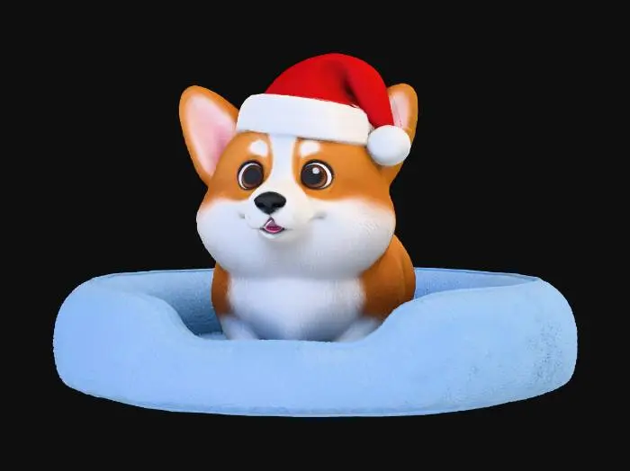 3D model for I would like to have a cute little Pembroke Corgi that is sitting in a little doggy bed with a Christmas hat on.
