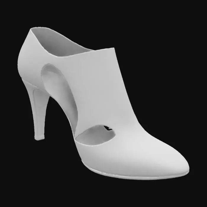 3D model for The object is a high-heeled shoe with an intricate, sculptural design featuring open cutouts and a combination of glossy black and orange leather texture.,