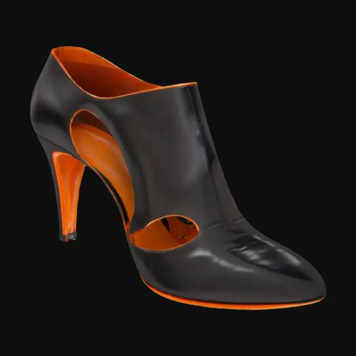 3D model for The object is a high-heeled shoe with an intricate, sculptural design featuring open cutouts and a combination of glossy black and orange leather texture.,