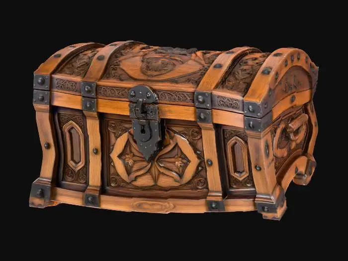 3D model for rich medieval chest has a massive rectangular shape, carved from dark, rich wood, possibly stained oak or black walnut, with a deeply polished, smooth surface. Its lid and sides are richly decorated with intricate, multilevel carvings in Gothic or floral style, which creates a rich, embossed texture. The chest is reinforced with wide forged metal bands and is equipped with heavy, richly decorated locks and hinges made of bronze or blackened iron, cool and strong to the touch, emphasizing its grandeur.