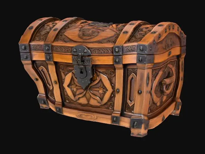 3D model for rich medieval chest has a massive rectangular shape, carved from dark, rich wood, possibly stained oak or black walnut, with a deeply polished, smooth surface. Its lid and sides are richly decorated with intricate, multilevel carvings in Gothic or floral style, which creates a rich, embossed texture. The chest is reinforced with wide forged metal bands and is equipped with heavy, richly decorated locks and hinges made of bronze or blackened iron, cool and strong to the touch, emphasizing its grandeur.