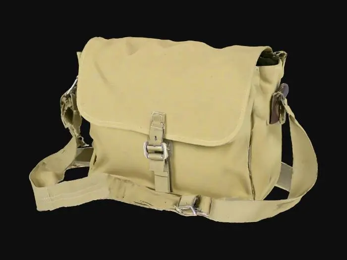 3D model for A vintage army messenger bag, compact and rectangular, in a muted, desaturated olive green canvas. The fabric is thick and slightly stiff, with faint, discolored streaks that hint at its age. It has a single main compartment with a buckle-down flap closure. A wide, adjustable canvas shoulder strap is attached, giving it a lightweight yet durable and authentic, worn tactile quality for carrying documents or small tools.