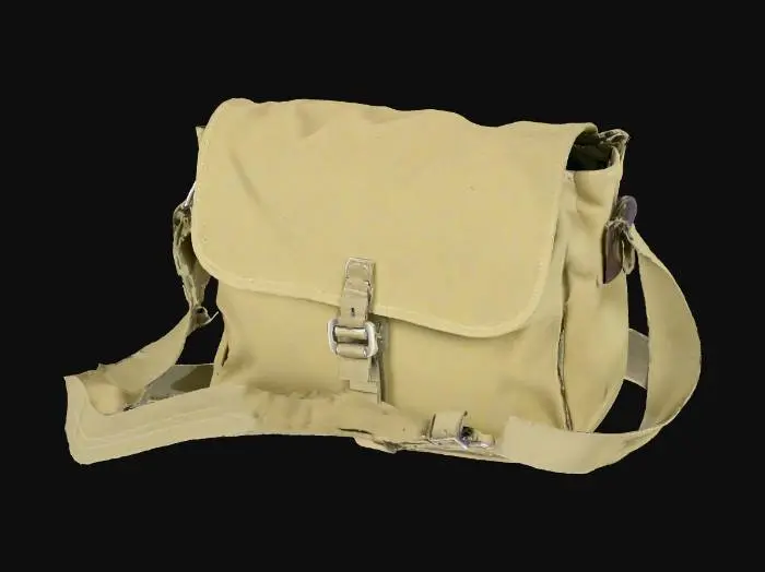 3D model for A vintage army messenger bag, compact and rectangular, in a muted, desaturated olive green canvas. The fabric is thick and slightly stiff, with faint, discolored streaks that hint at its age. It has a single main compartment with a buckle-down flap closure. A wide, adjustable canvas shoulder strap is attached, giving it a lightweight yet durable and authentic, worn tactile quality for carrying documents or small tools.