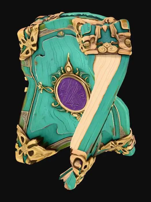 3D model for A majestic cartoon-style ancient spellbook with a sturdy, adventurous look. The cover is carved from rugged sea-green pine wood, its grain clearly visible and its edges slightly worn. A massive metal plate with a deep violet sheen is set in the center, engraved with simplified ancient runes. The pages are thick, snow-white, and slightly curled at the edges, giving the whole book a solid, time-worn epic feel.
