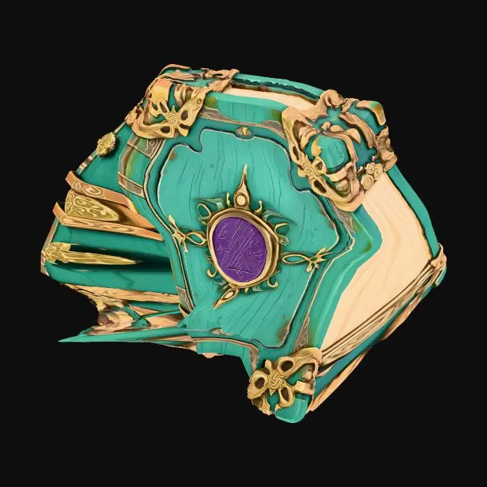 3D model for A majestic cartoon-style ancient spellbook with a sturdy, adventurous look. The cover is carved from rugged sea-green pine wood, its grain clearly visible and its edges slightly worn. A massive metal plate with a deep violet sheen is set in the center, engraved with simplified ancient runes. The pages are thick, snow-white, and slightly curled at the edges, giving the whole book a solid, time-worn epic feel.