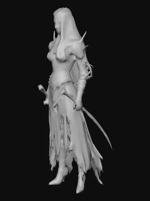 3D model for A dark elf character with slender, agile physique and long, flowing silver hair. Their skin is a deep obsidian hue, adorned with intricate tribal tattoos that glow faintly with arcane energy. They wear form-fitting leather armor in dark forest green and deep purple, accented with polished dark mithril buckles and sharp, elegant spikes. A slender, curved blade with a subtle magical sheen rests at their hip, reflecting their stoic, watchful expression.