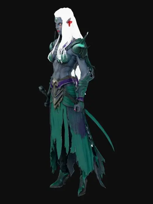 3D model for A dark elf character with slender, agile physique and long, flowing silver hair. Their skin is a deep obsidian hue, adorned with intricate tribal tattoos that glow faintly with arcane energy. They wear form-fitting leather armor in dark forest green and deep purple, accented with polished dark mithril buckles and sharp, elegant spikes. A slender, curved blade with a subtle magical sheen rests at their hip, reflecting their stoic, watchful expression.