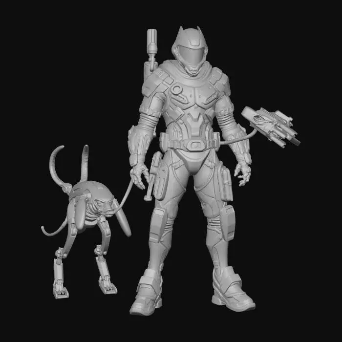 3D model for Mercenary with a Mechanical Companion:
Na rubu futurističkog grada, cyberpunk plaćenik s robotskom rukom i jednim robotskim okom stoji s robotskim psom. Nosi tactical oklop s ugrađenim LED svjetlima i tattered tech-wear ogrtač. Na leđima mu visi futuristička puška. Njegov robotski pas ima svjetleće plave oči i oklop koji se podudara s njegovim. Svjetlo iz grada se reflektira na njihovim metalnim dijelovima