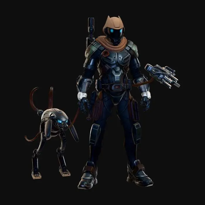 3D model for Mercenary with a Mechanical Companion:
Na rubu futurističkog grada, cyberpunk plaćenik s robotskom rukom i jednim robotskim okom stoji s robotskim psom. Nosi tactical oklop s ugrađenim LED svjetlima i tattered tech-wear ogrtač. Na leđima mu visi futuristička puška. Njegov robotski pas ima svjetleće plave oči i oklop koji se podudara s njegovim. Svjetlo iz grada se reflektira na njihovim metalnim dijelovima