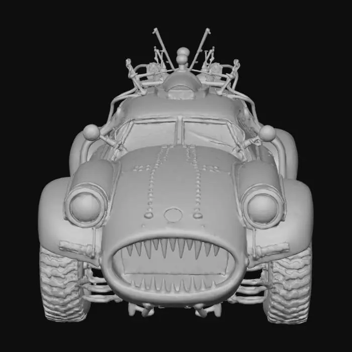 3D model for A rusted 80s sci-fi armored car with a mutant mouth, bug eyes, and green meat mixed with various components of the vehicle. It is also a duali.